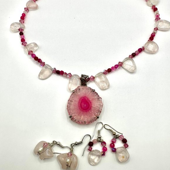 16" Pink Quartz Geode Gemstone Beaded Necklace and Earrings - Picture 8 of 17